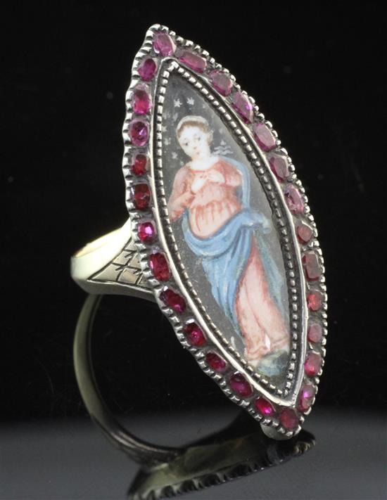 A 19th century gold and silver gem set navette shaped ring with painted panel of a lady, size O.